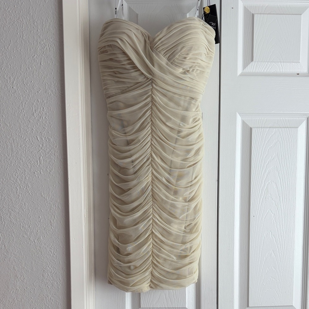 Tadashi Shoji Cream Strapless Ruched Mini Mesh Holiday Dress